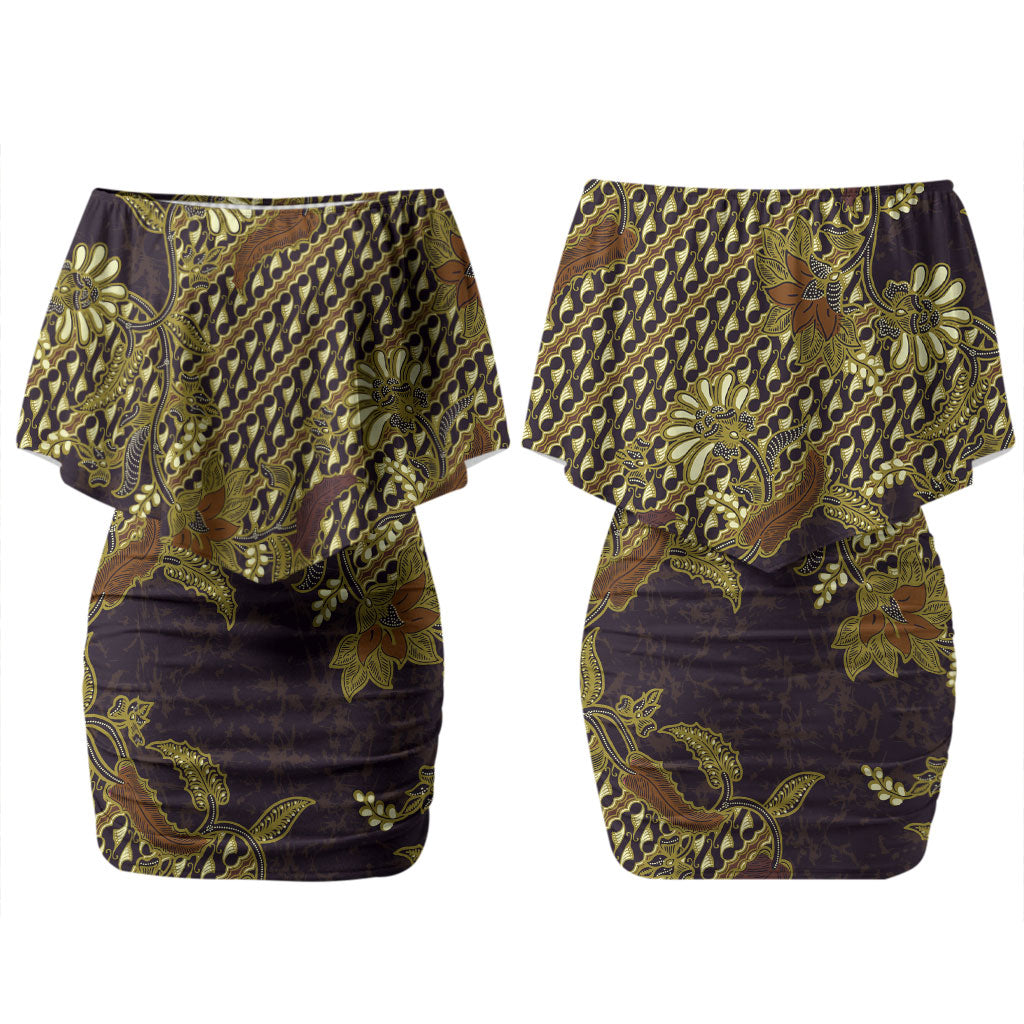 Indonesian Parang Batik Couples Matching Off Shoulder Short Dress and Long Sleeve Button Shirt Yellow Floral Pattern