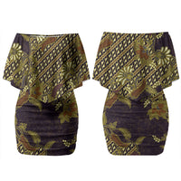 Indonesian Parang Batik Couples Matching Off Shoulder Short Dress and Long Sleeve Button Shirt Yellow Floral Pattern