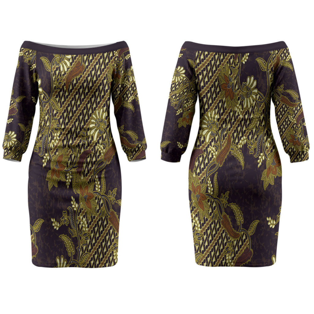 Indonesian Parang Batik Couples Matching Off The Shoulder Long Sleeve Dress and Hawaiian Shirt Yellow Floral Pattern