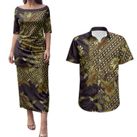 Indonesian Parang Batik Couples Matching Puletasi and Hawaiian Shirt Yellow Floral Pattern
