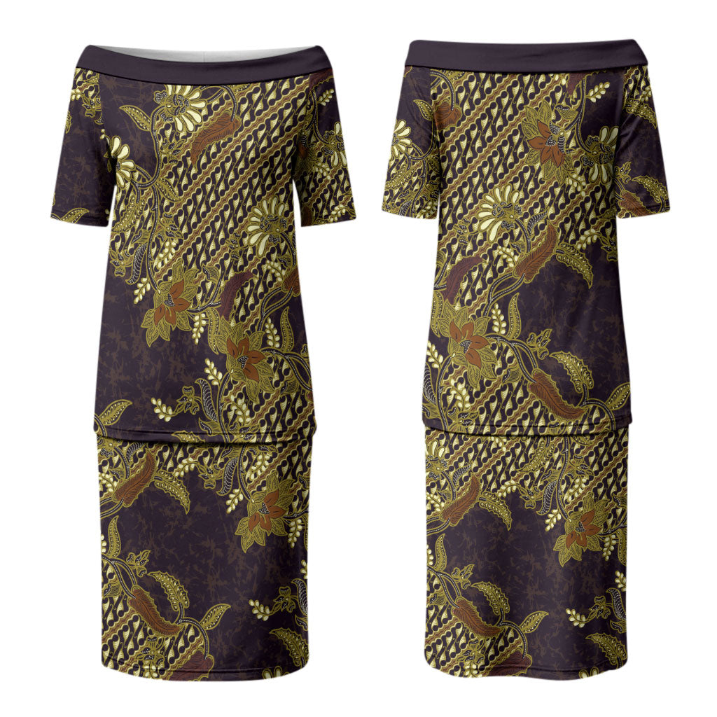 Indonesian Parang Batik Couples Matching Puletasi and Hawaiian Shirt Yellow Floral Pattern
