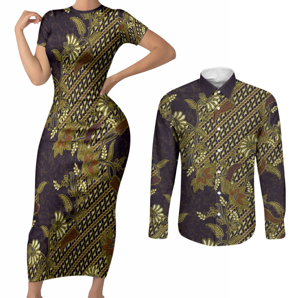 Indonesian Parang Batik Couples Matching Short Sleeve Bodycon Dress and Long Sleeve Button Shirt Yellow Floral Pattern
