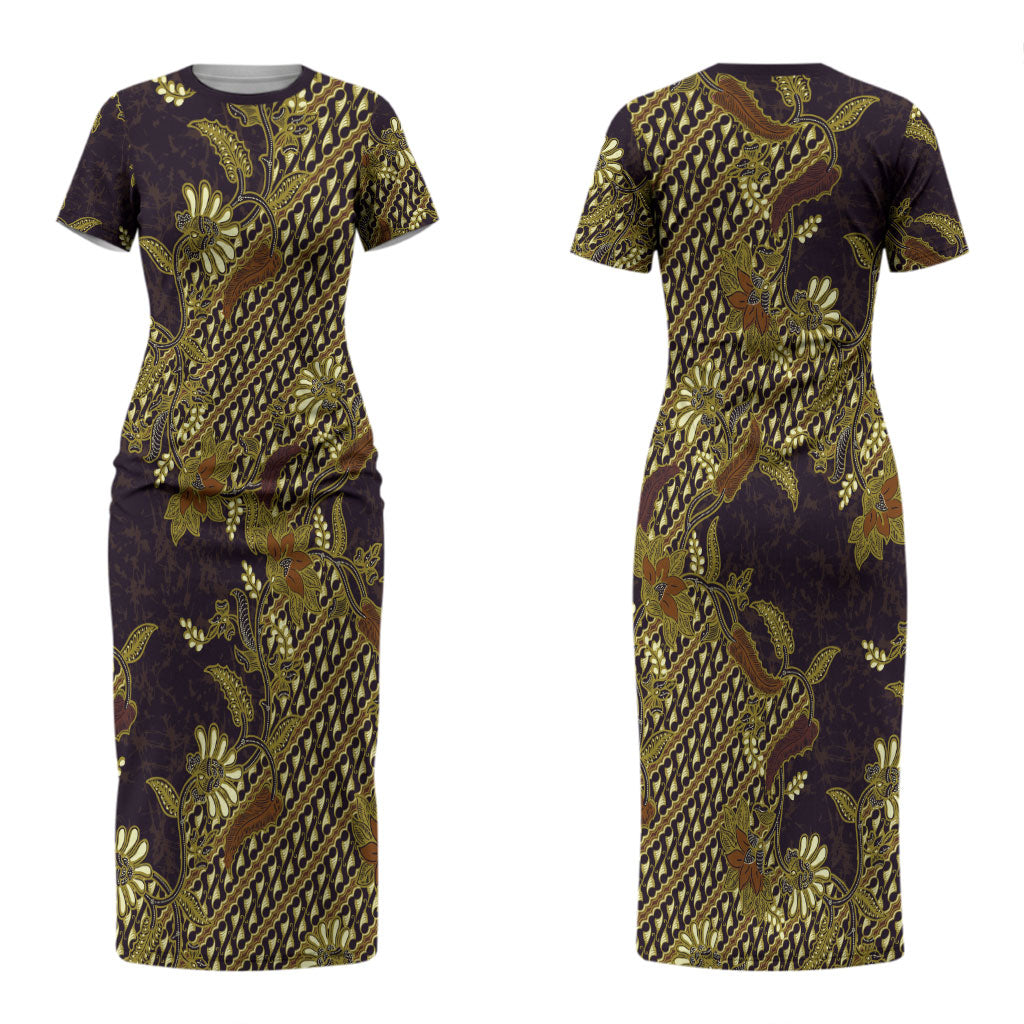 Indonesian Parang Batik Couples Matching Short Sleeve Bodycon Dress and Long Sleeve Button Shirt Yellow Floral Pattern