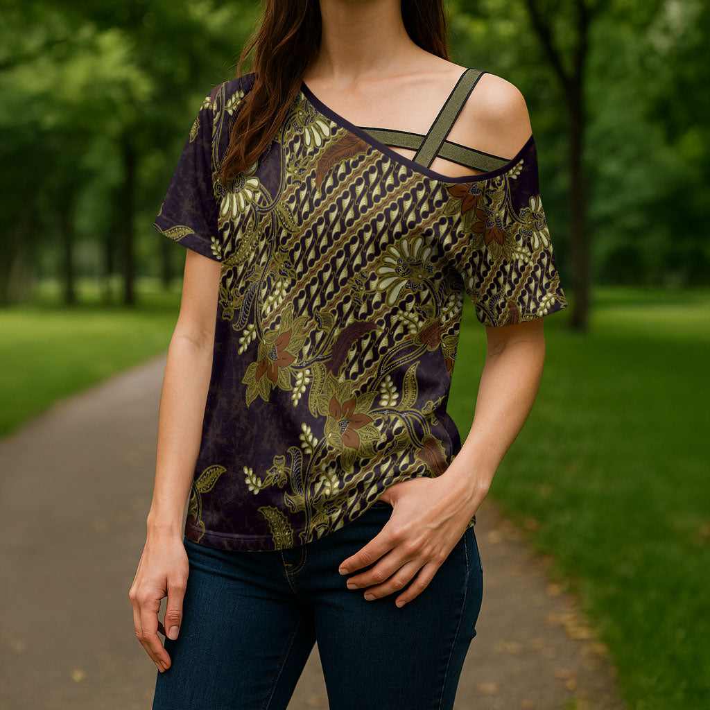 Indonesian Parang Batik Cross Shoulder Shirt Yellow Floral Pattern