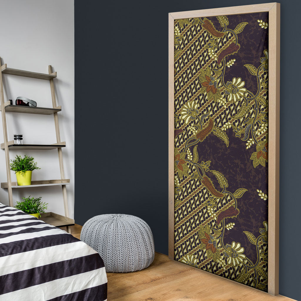 Indonesian Parang Batik Door Cover Yellow Floral Pattern