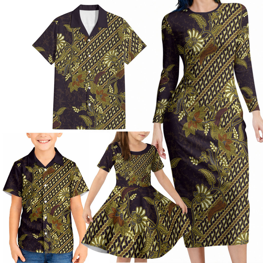 Indonesian Parang Batik Family Matching Long Sleeve Bodycon Dress and Hawaiian Shirt Yellow Floral Pattern