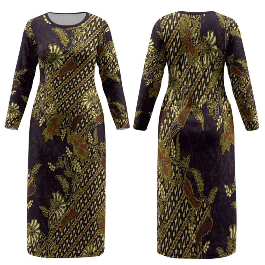 Indonesian Parang Batik Family Matching Long Sleeve Bodycon Dress and Hawaiian Shirt Yellow Floral Pattern