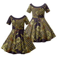 Indonesian Parang Batik Family Matching Long Sleeve Bodycon Dress and Hawaiian Shirt Yellow Floral Pattern
