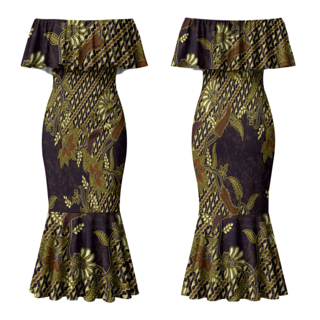 Indonesian Parang Batik Family Matching Mermaid Dress and Hawaiian Shirt Yellow Floral Pattern