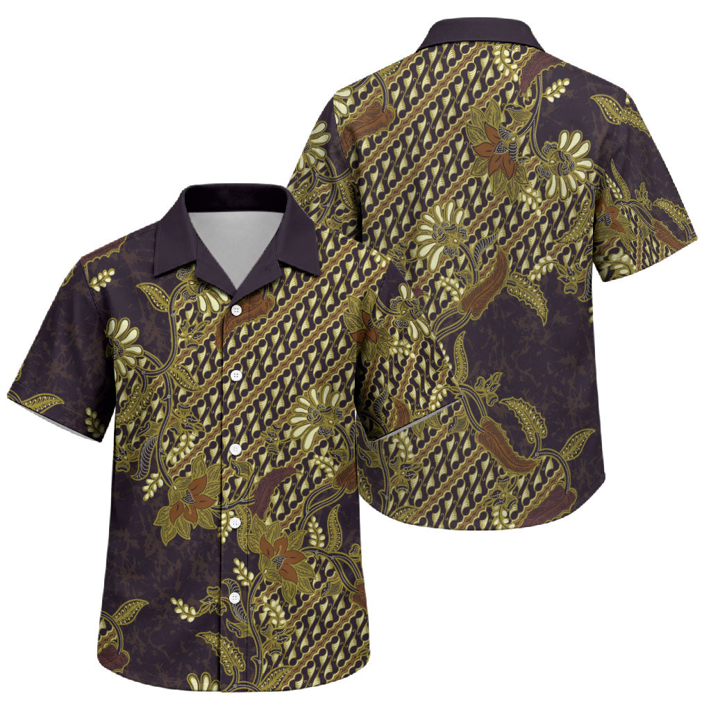 Indonesian Parang Batik Family Matching Mermaid Dress and Hawaiian Shirt Yellow Floral Pattern