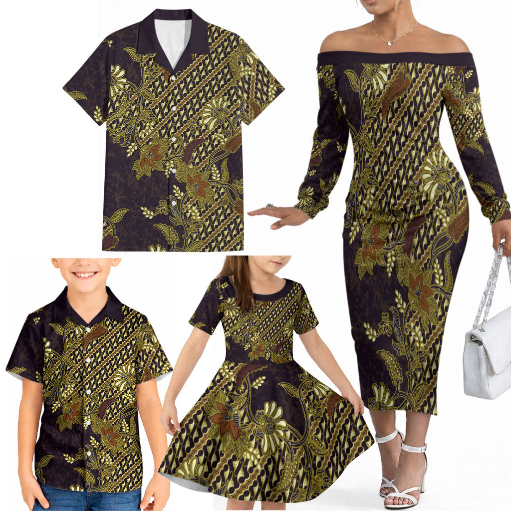 Indonesian Parang Batik Family Matching Off The Shoulder Long Sleeve Dress and Hawaiian Shirt Yellow Floral Pattern