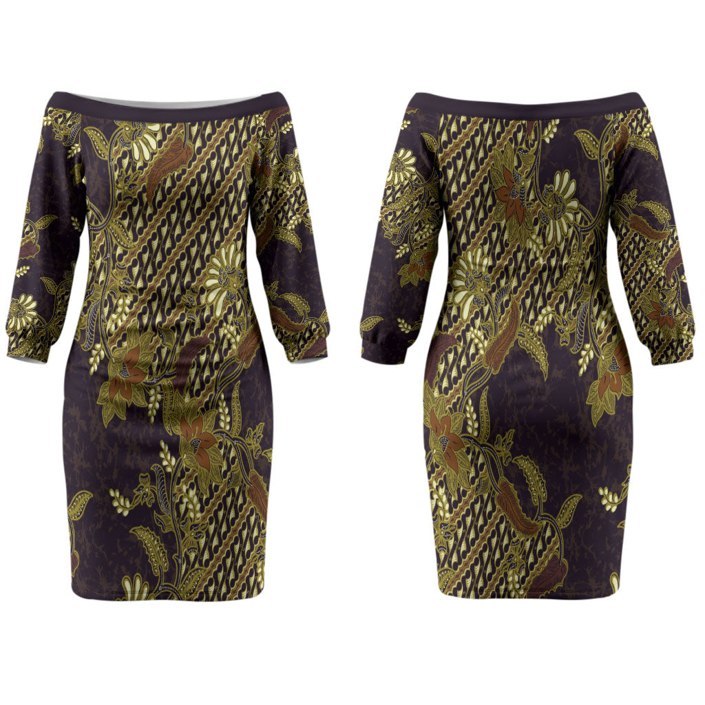 Indonesian Parang Batik Family Matching Off The Shoulder Long Sleeve Dress and Hawaiian Shirt Yellow Floral Pattern