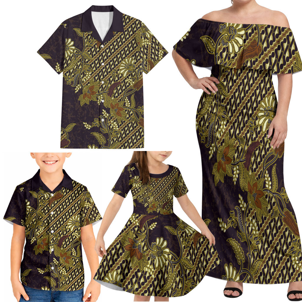 Indonesian Parang Batik Family Matching Off Shoulder Maxi Dress and Hawaiian Shirt Yellow Floral Pattern