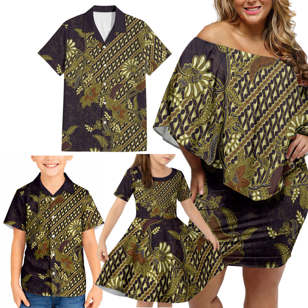 Indonesian Parang Batik Family Matching Off Shoulder Short Dress and Hawaiian Shirt Yellow Floral Pattern