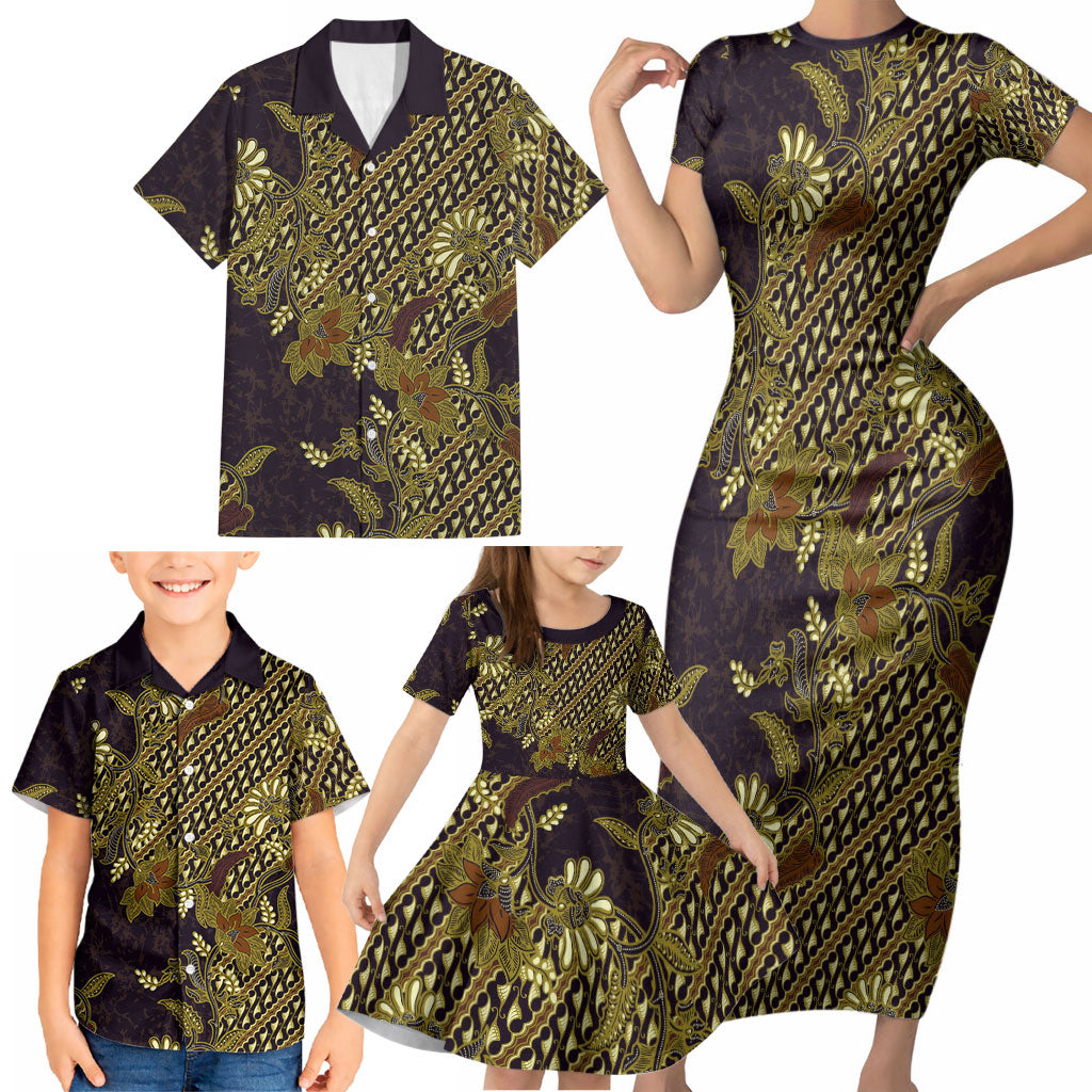 Indonesian Parang Batik Family Matching Short Sleeve Bodycon Dress and Hawaiian Shirt Yellow Floral Pattern