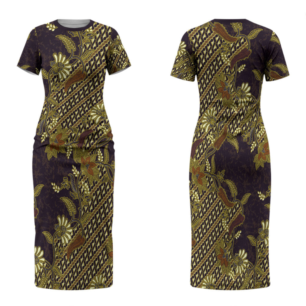 Indonesian Parang Batik Family Matching Short Sleeve Bodycon Dress and Hawaiian Shirt Yellow Floral Pattern
