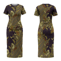 Indonesian Parang Batik Family Matching Short Sleeve Bodycon Dress and Hawaiian Shirt Yellow Floral Pattern