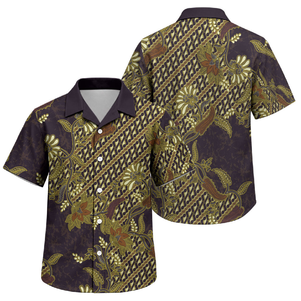 Indonesian Parang Batik Family Matching Short Sleeve Bodycon Dress and Hawaiian Shirt Yellow Floral Pattern