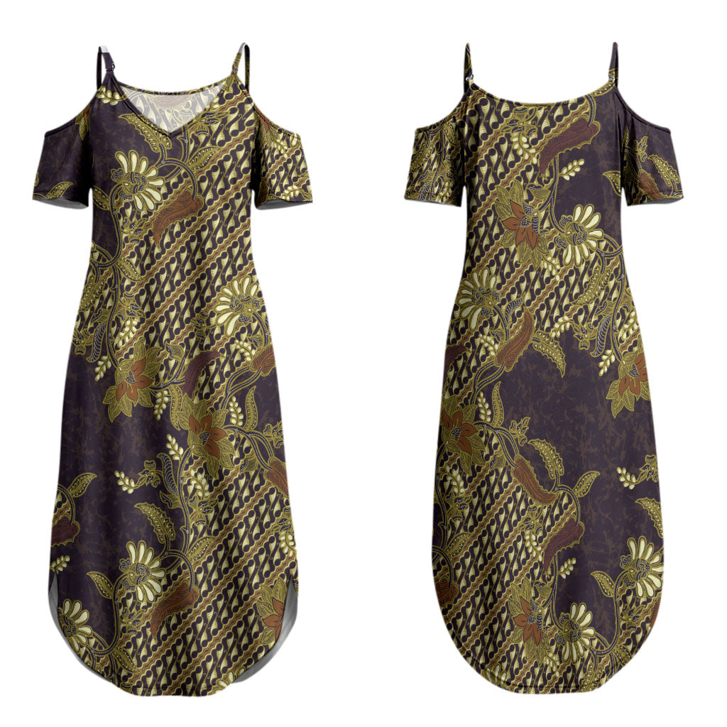 Indonesian Parang Batik Family Matching Summer Maxi Dress and Hawaiian Shirt Yellow Floral Pattern