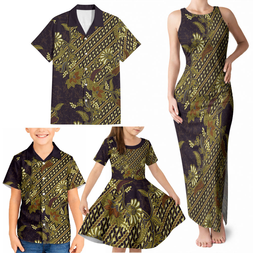 Indonesian Parang Batik Family Matching Tank Maxi Dress and Hawaiian Shirt Yellow Floral Pattern