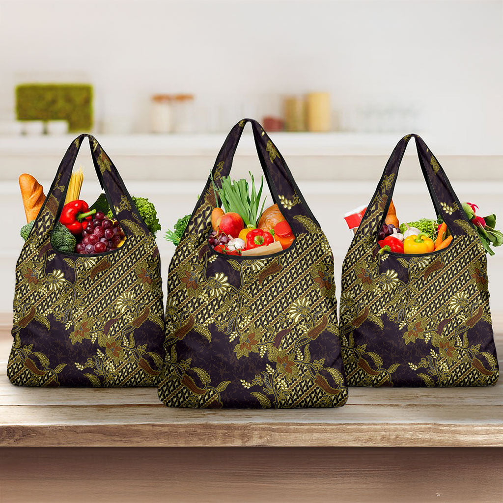 Indonesian Parang Batik Grocery Bag Yellow Floral Pattern