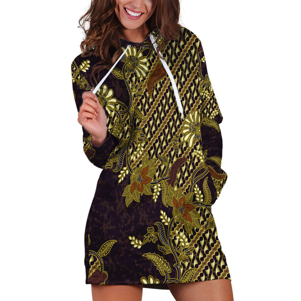 Indonesian Parang Batik Hoodie Dress Yellow Floral Pattern