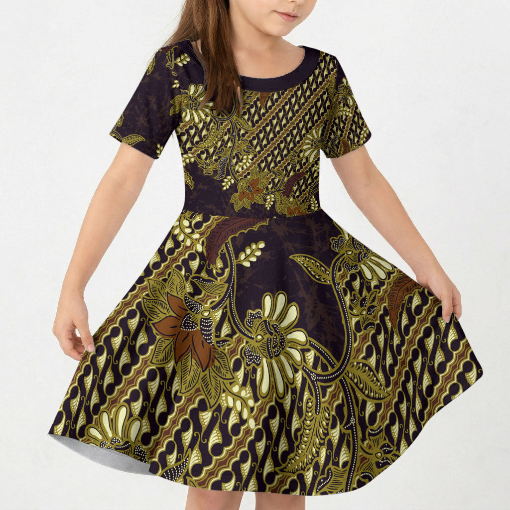 Indonesian Parang Batik Kid Short Sleeve Dress Yellow Floral Pattern