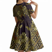 Indonesian Parang Batik Kid Short Sleeve Dress Yellow Floral Pattern