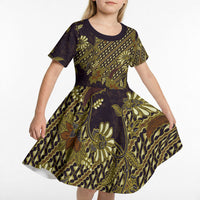 Indonesian Parang Batik Kid Short Sleeve Dress Yellow Floral Pattern