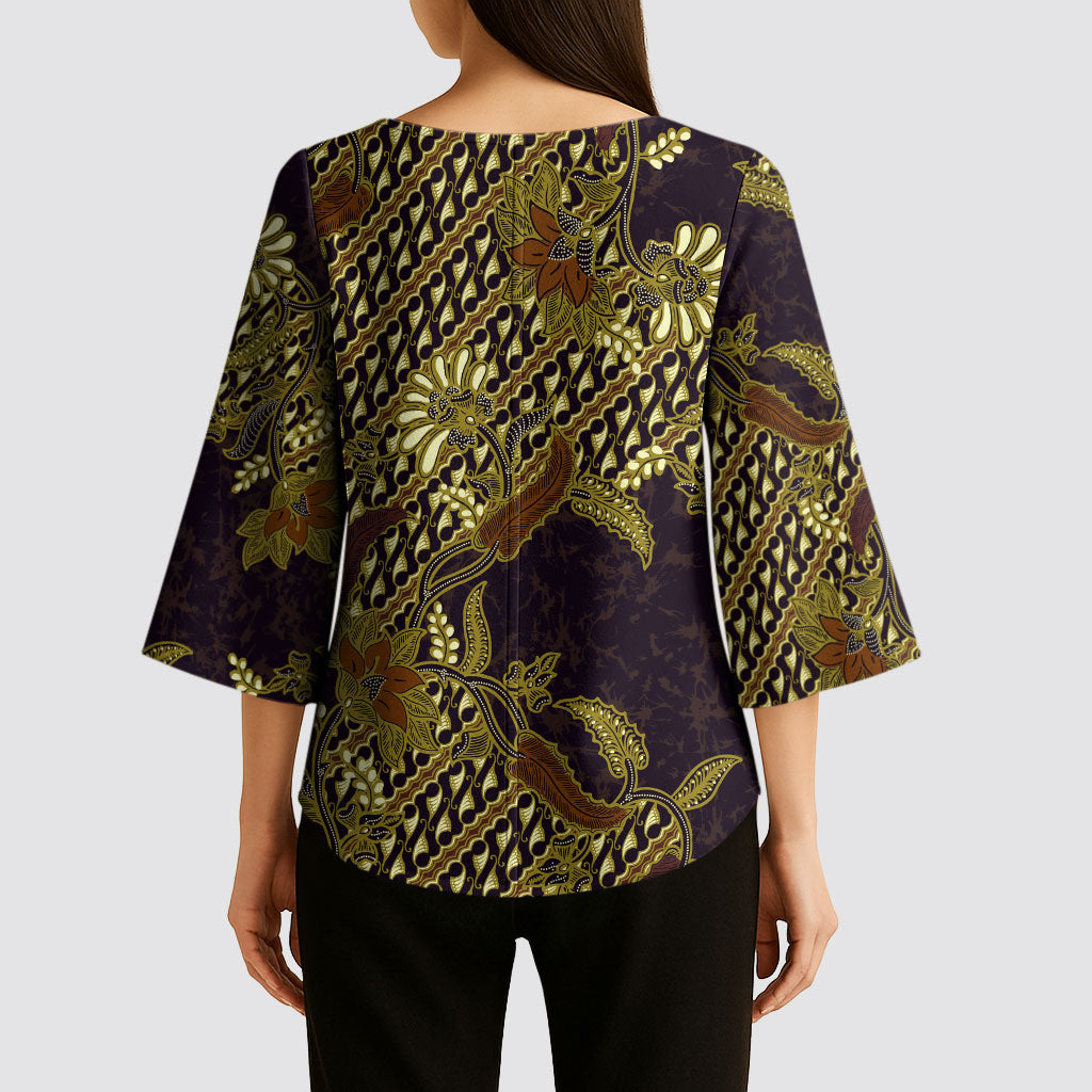 Indonesian Parang Batik Kimono Sleeve Blouse Yellow Floral Pattern