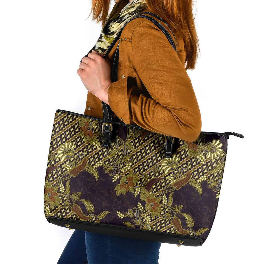 Indonesian Parang Batik Leather Tote Bag Yellow Floral Pattern