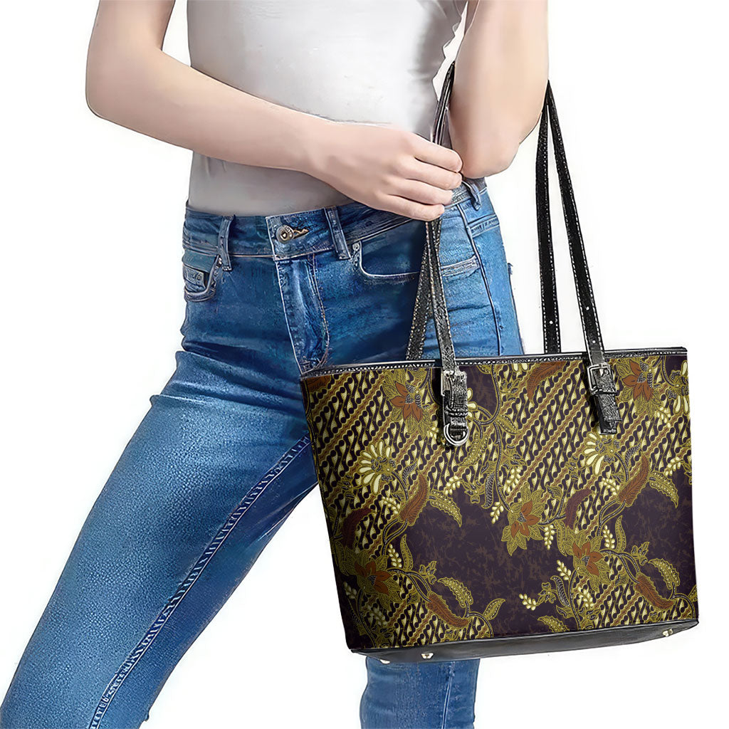 Indonesian Parang Batik Leather Tote Bag Yellow Floral Pattern
