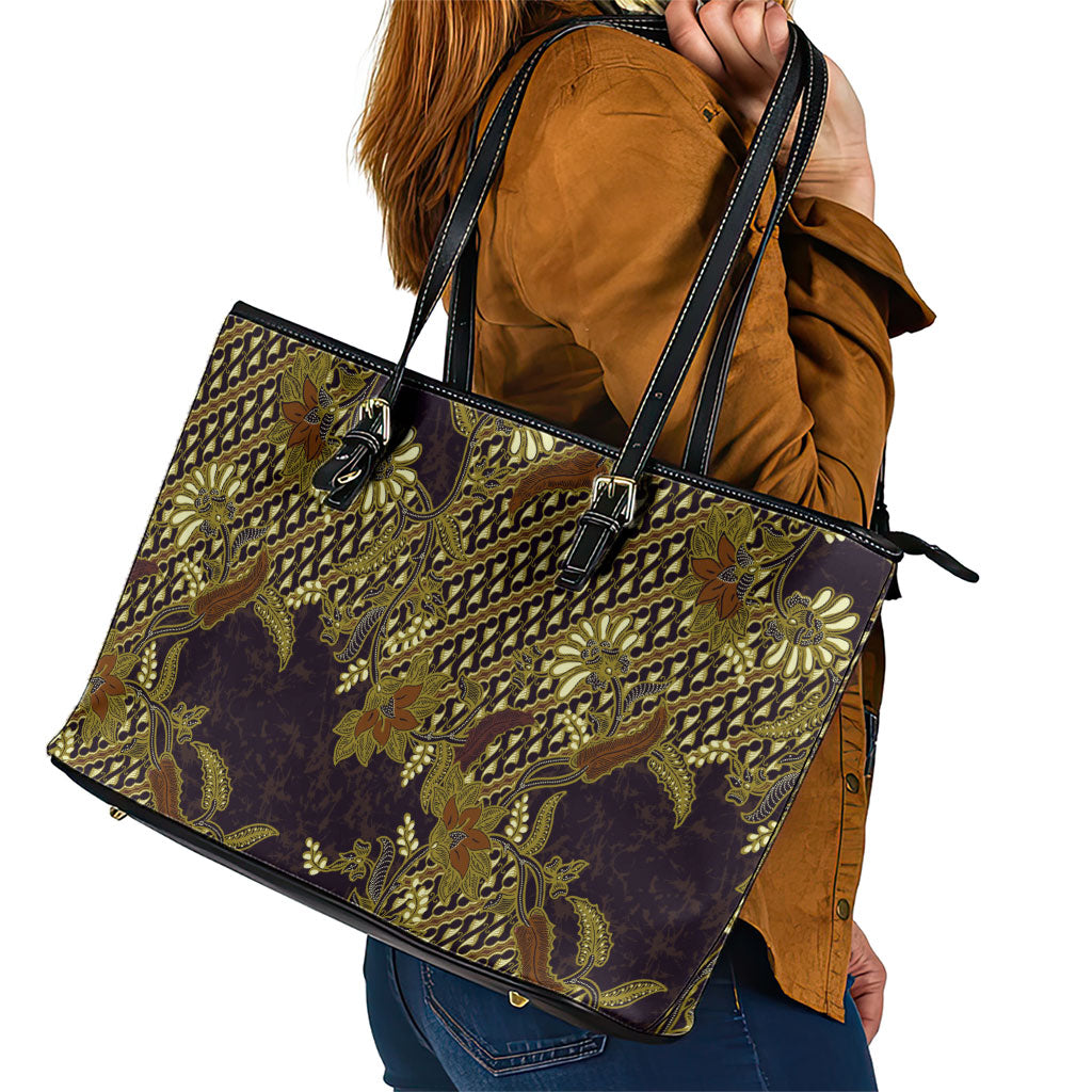 Indonesian Parang Batik Leather Tote Bag Yellow Floral Pattern