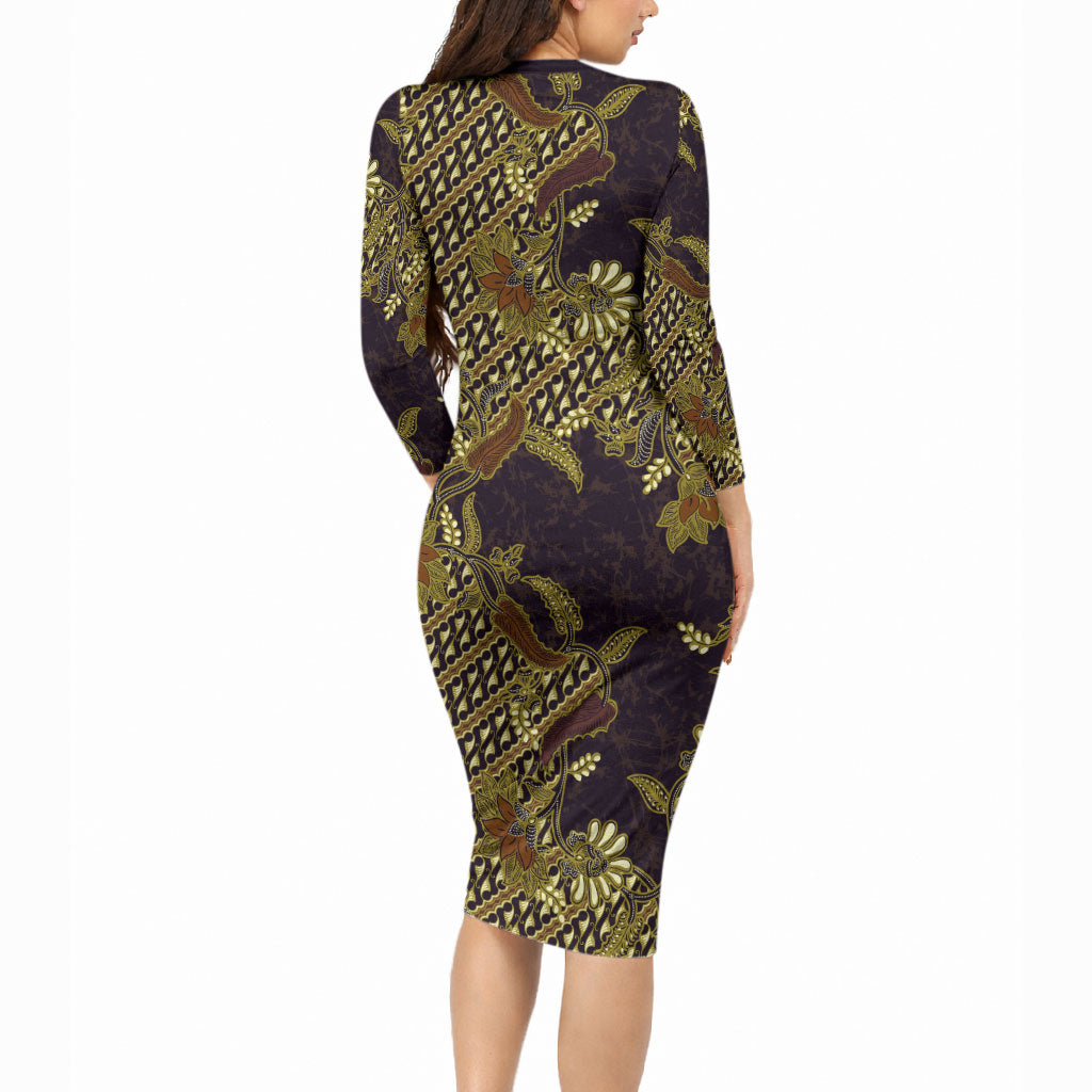 Indonesian Parang Batik Long Sleeve Bodycon Dress Yellow Floral Pattern