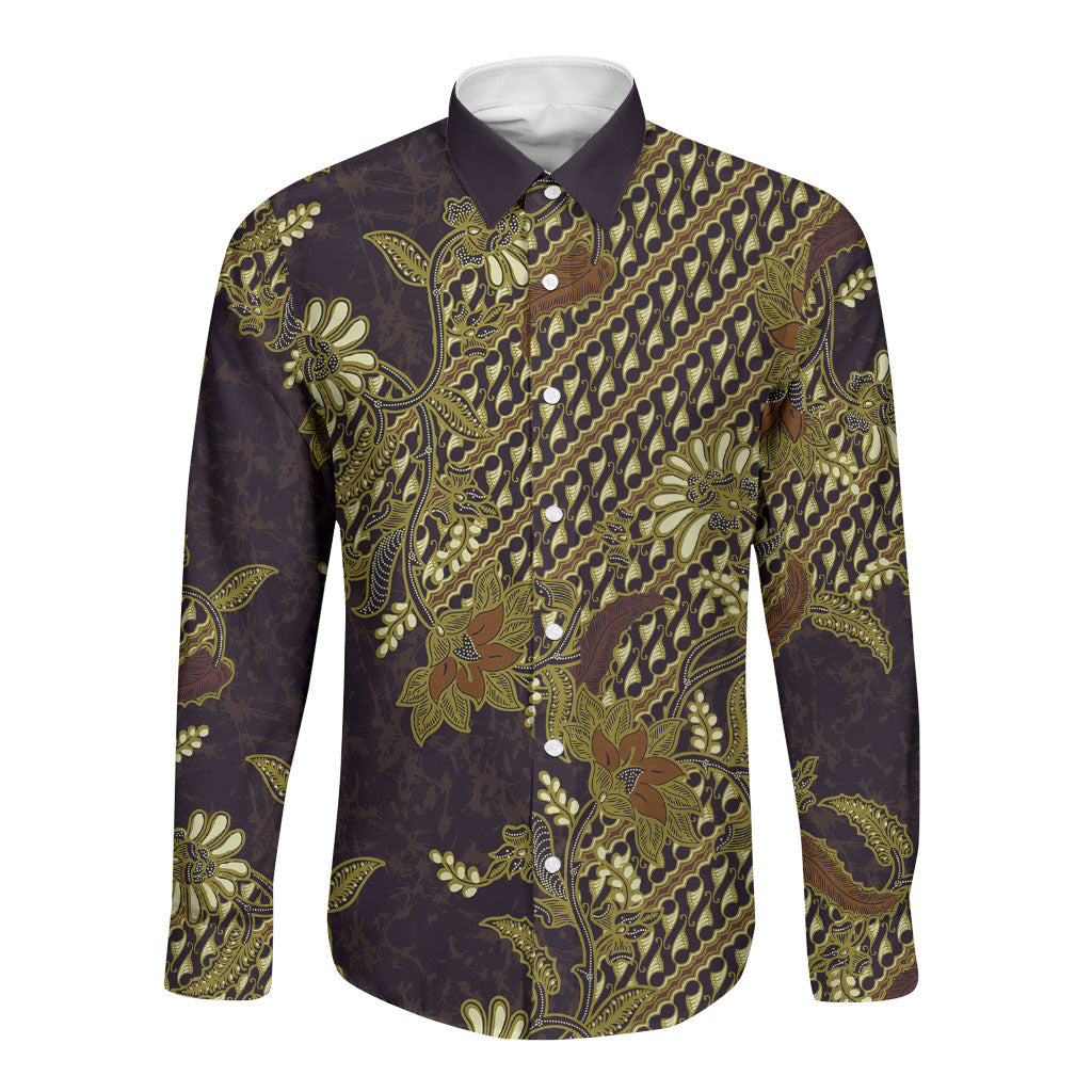 Indonesian Parang Batik Long Sleeve Button Shirt Yellow Floral Pattern
