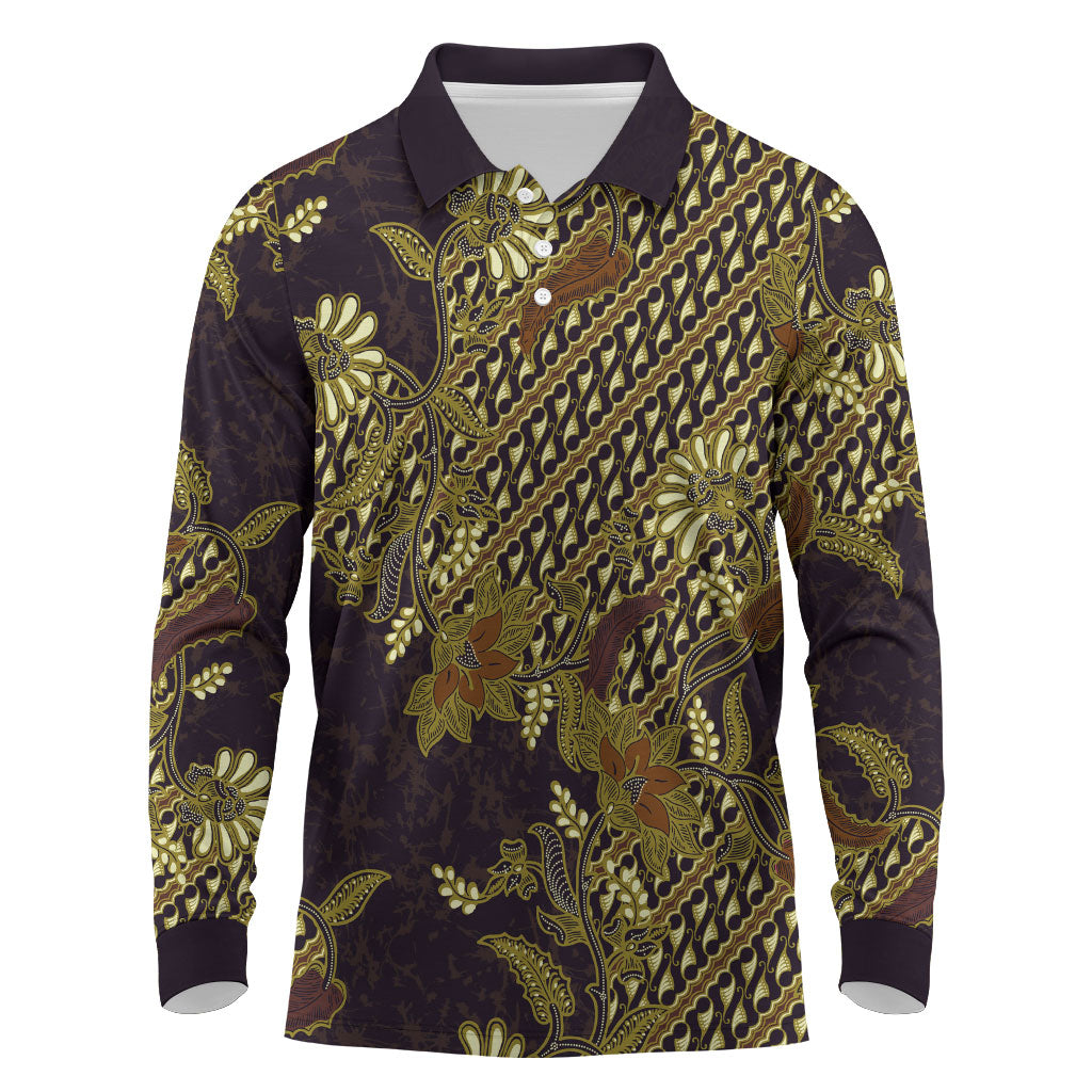 Indonesian Parang Batik Long Sleeve Polo Shirt Yellow Floral Pattern