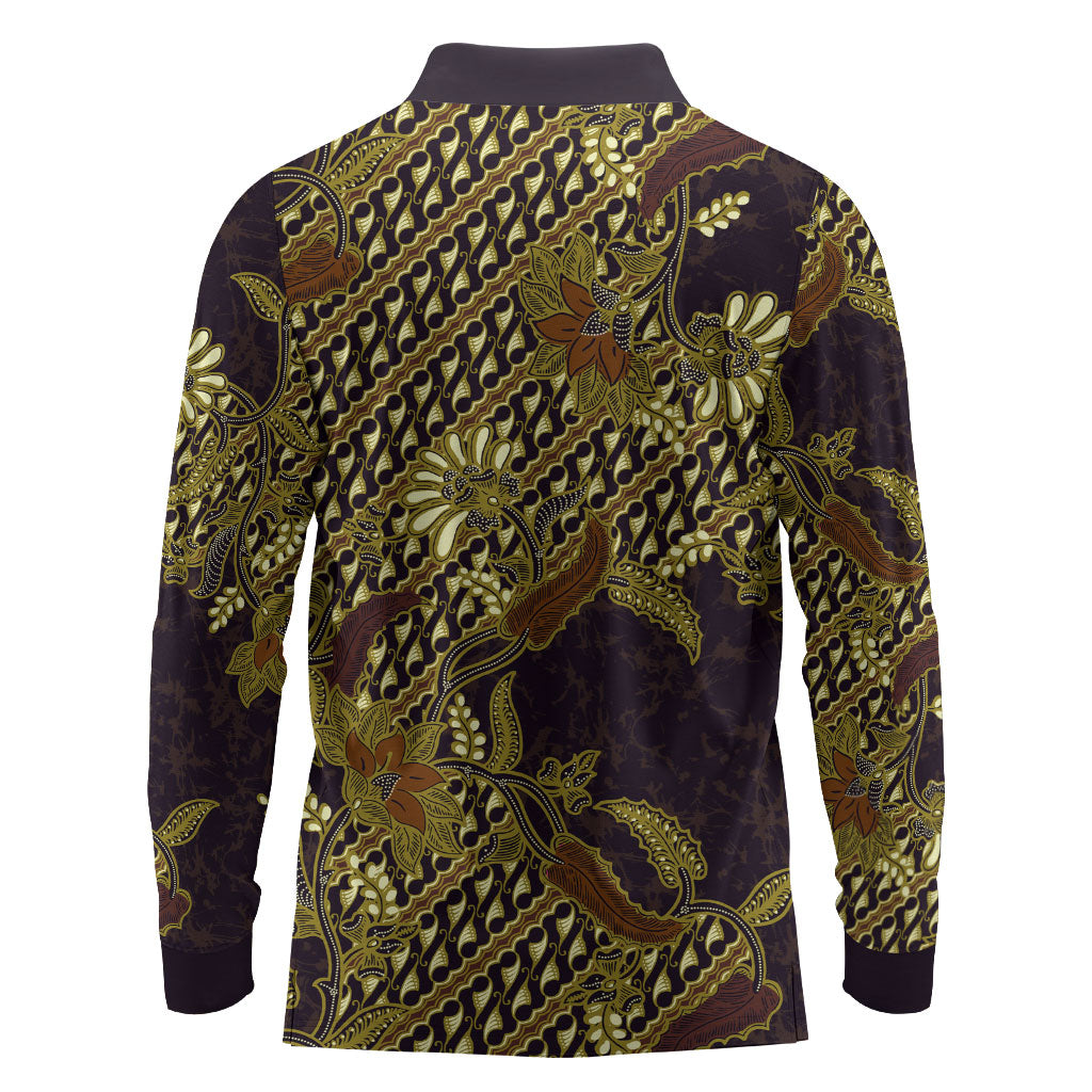 Indonesian Parang Batik Long Sleeve Polo Shirt Yellow Floral Pattern