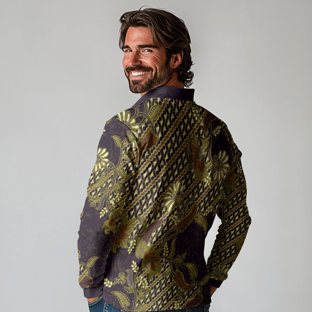 Indonesian Parang Batik Long Sleeve Polo Shirt Yellow Floral Pattern