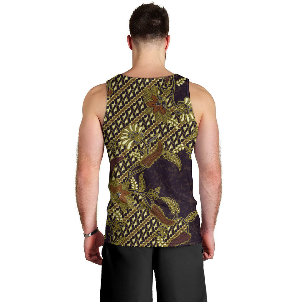 Indonesian Parang Batik Men Tank Top Yellow Floral Pattern