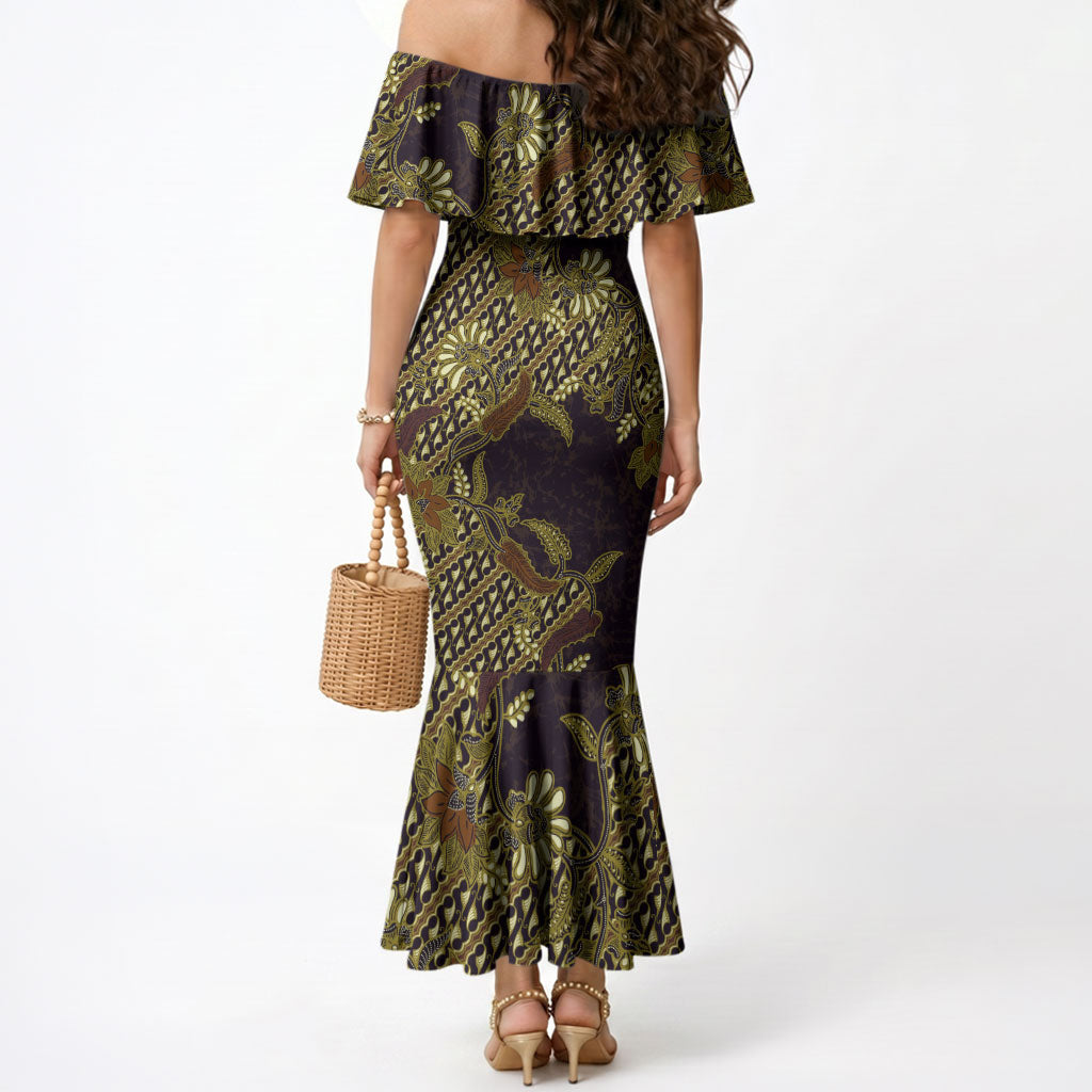 Indonesian Parang Batik Mermaid Dress Yellow Floral Pattern