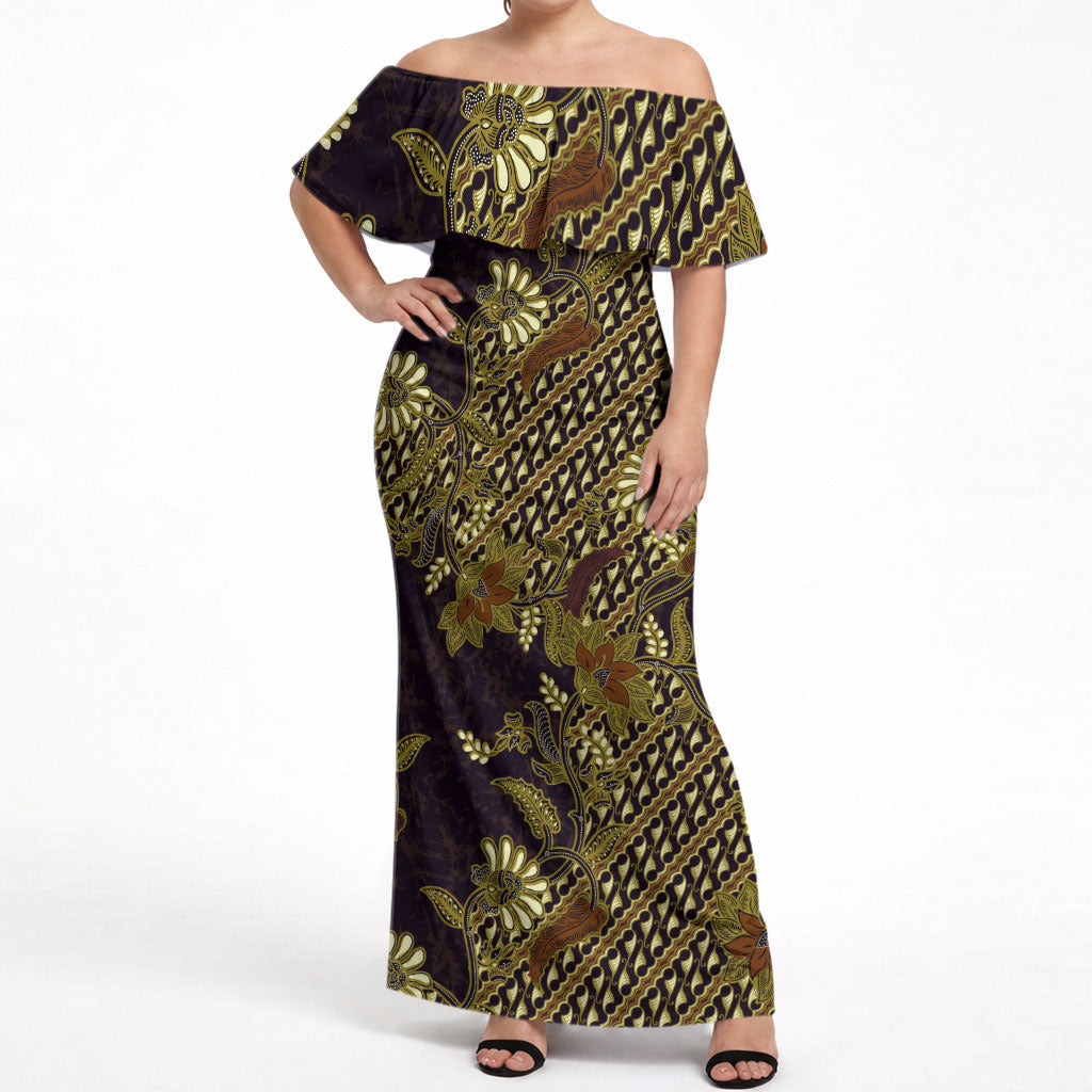 Indonesian Parang Batik Off Shoulder Maxi Dress Yellow Floral Pattern