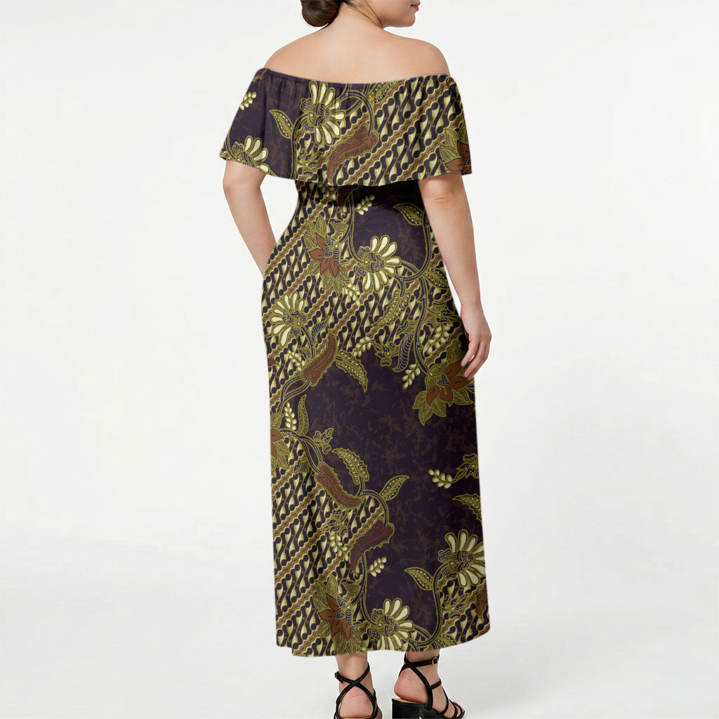 Indonesian Parang Batik Off Shoulder Maxi Dress Yellow Floral Pattern