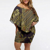 Indonesian Parang Batik Off Shoulder Short Dress Yellow Floral Pattern