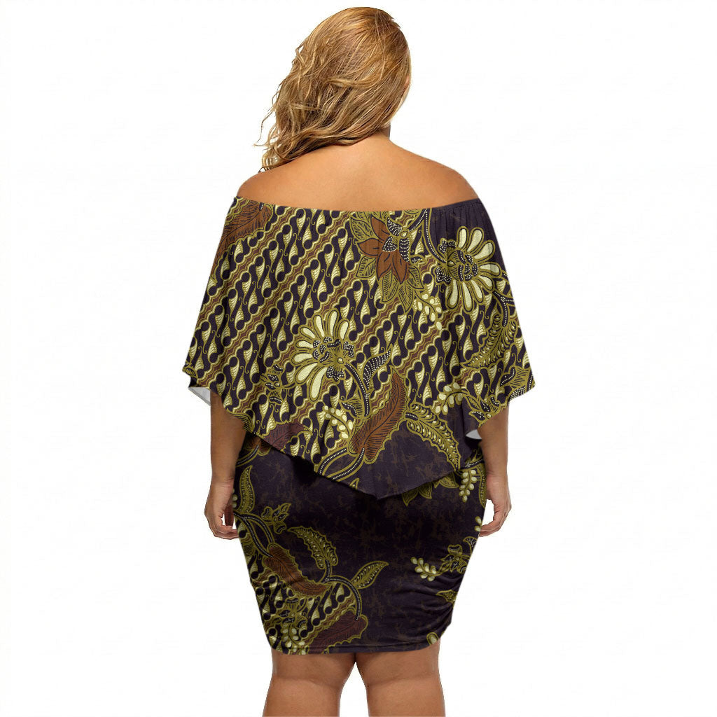 Indonesian Parang Batik Off Shoulder Short Dress Yellow Floral Pattern