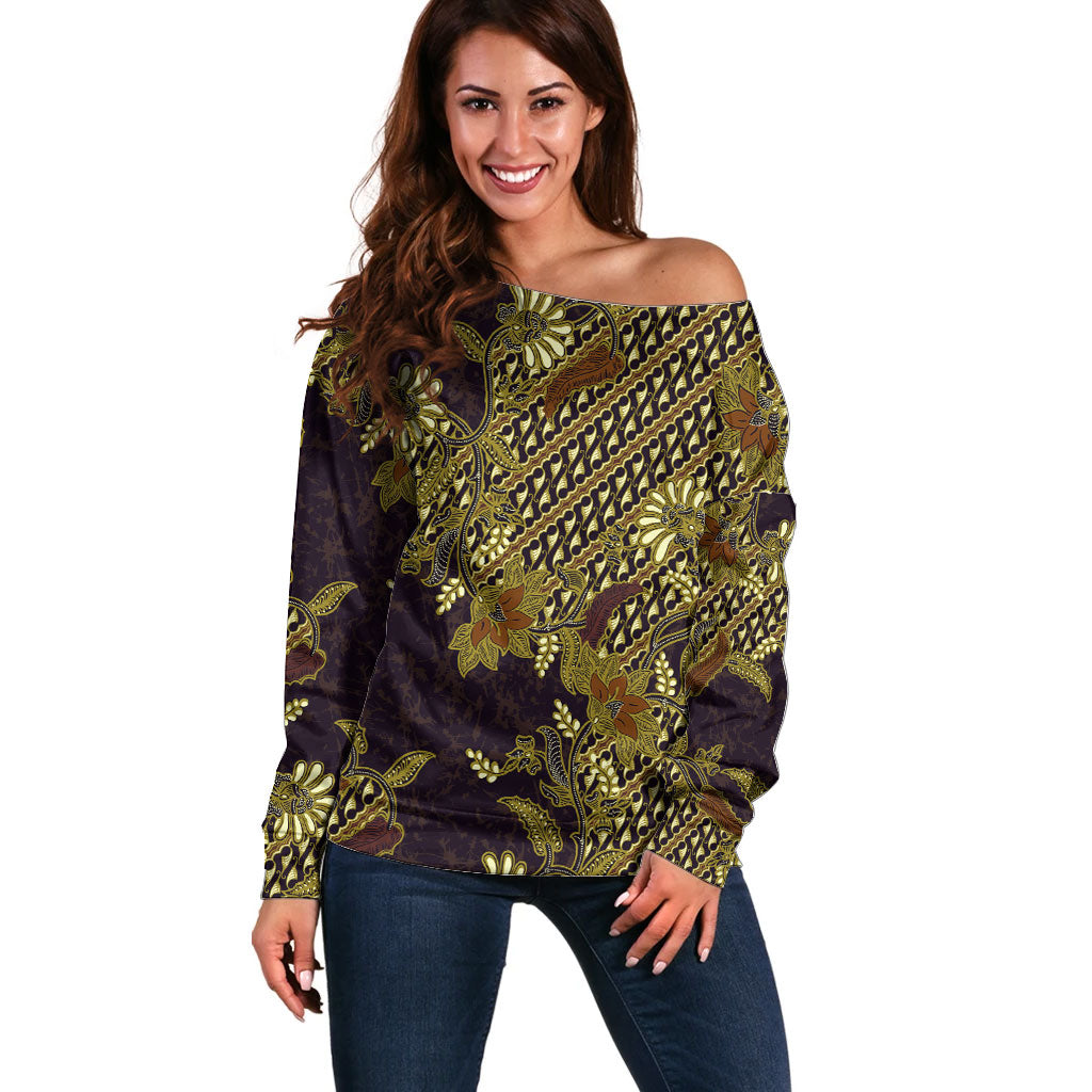 Indonesian Parang Batik Off Shoulder Sweater Yellow Floral Pattern
