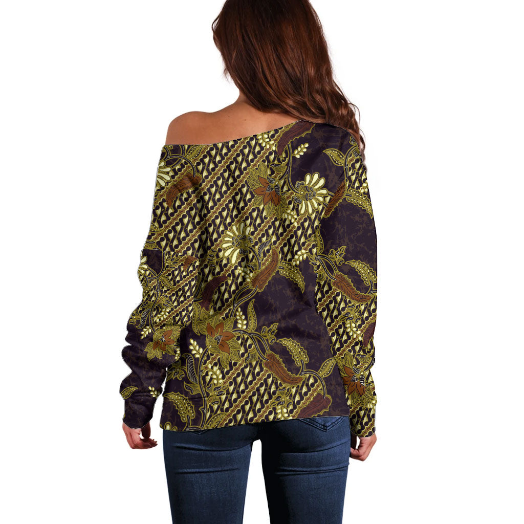 Indonesian Parang Batik Off Shoulder Sweater Yellow Floral Pattern