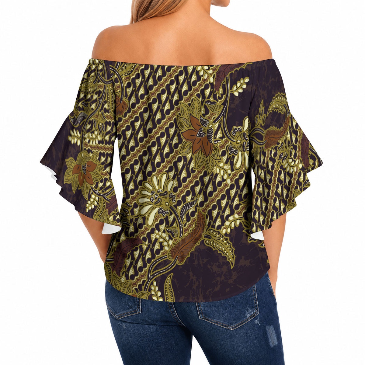 Indonesian Parang Batik Off Shoulder Wrap Waist Top Yellow Floral Pattern