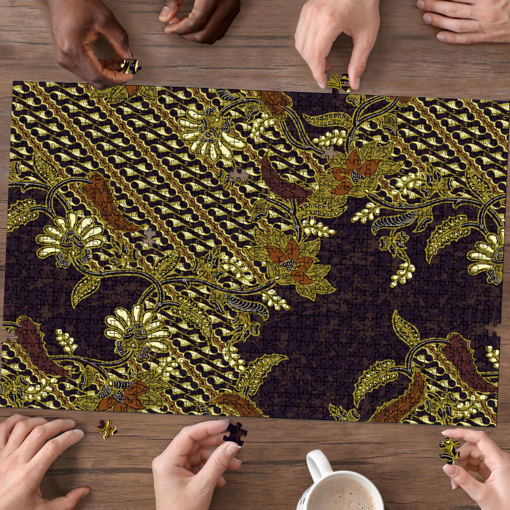 Indonesian Parang Batik Puzzle Yellow Floral Pattern