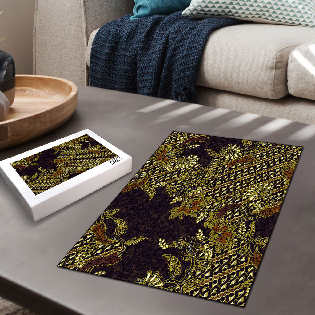 Indonesian Parang Batik Puzzle Yellow Floral Pattern