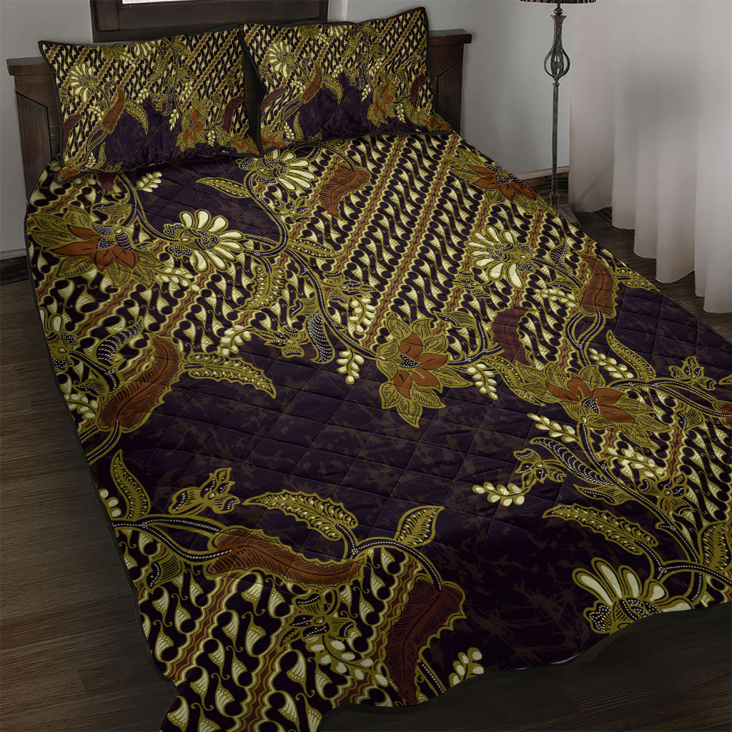 Indonesian Parang Batik Quilt Bed Set Yellow Floral Pattern
